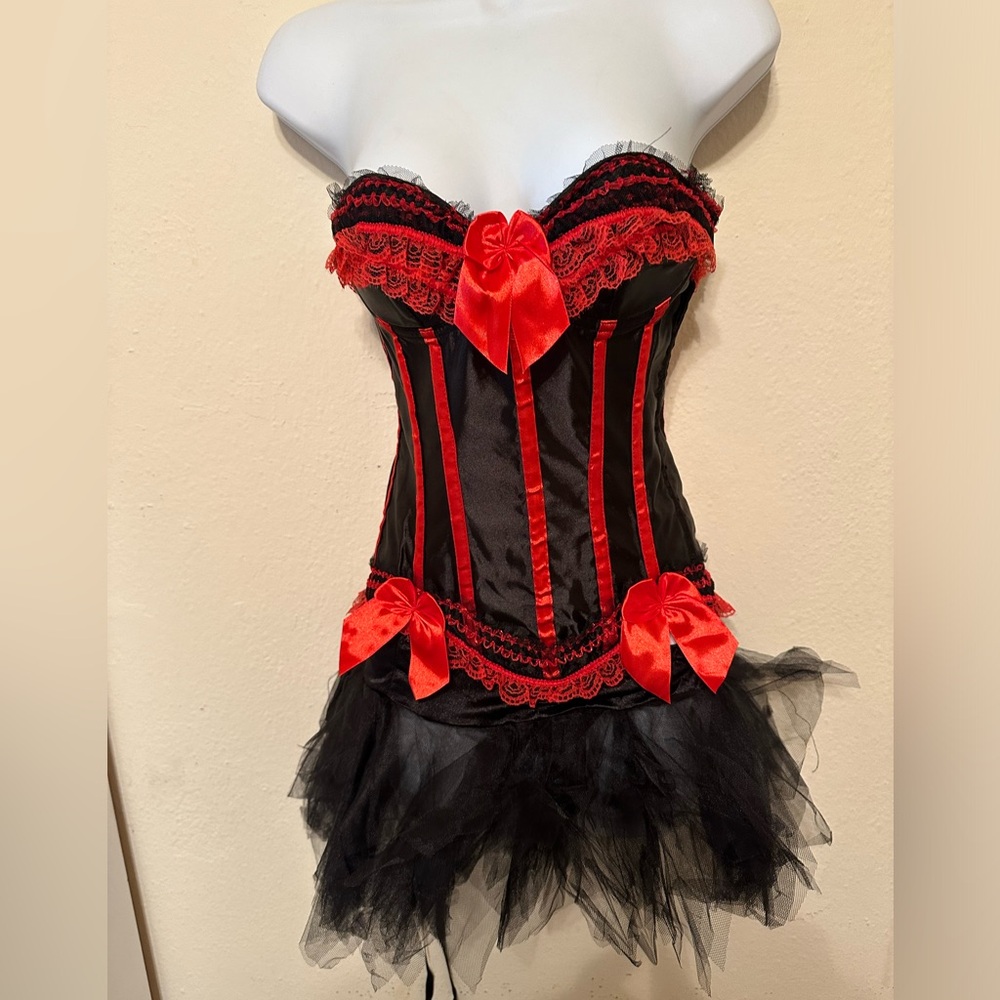 Black and Red corset, zipper on left side with g string and tutu